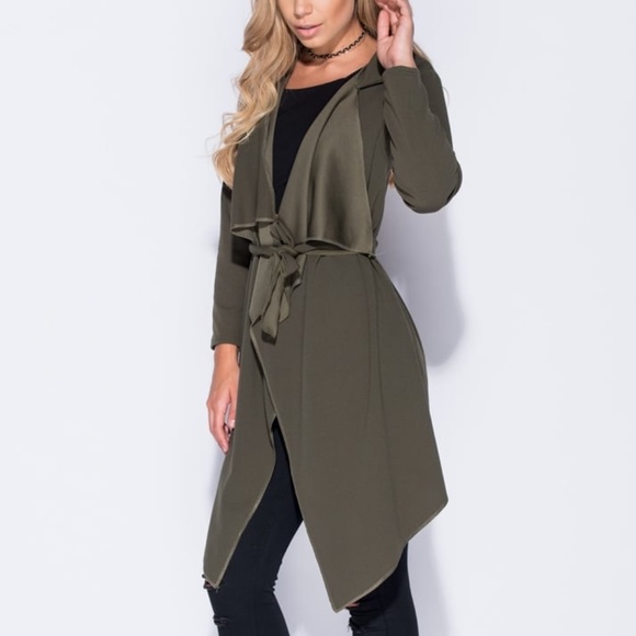 Olive Waterfall Long Light Coat Coverup with Self Tie - Picture 1 of 9